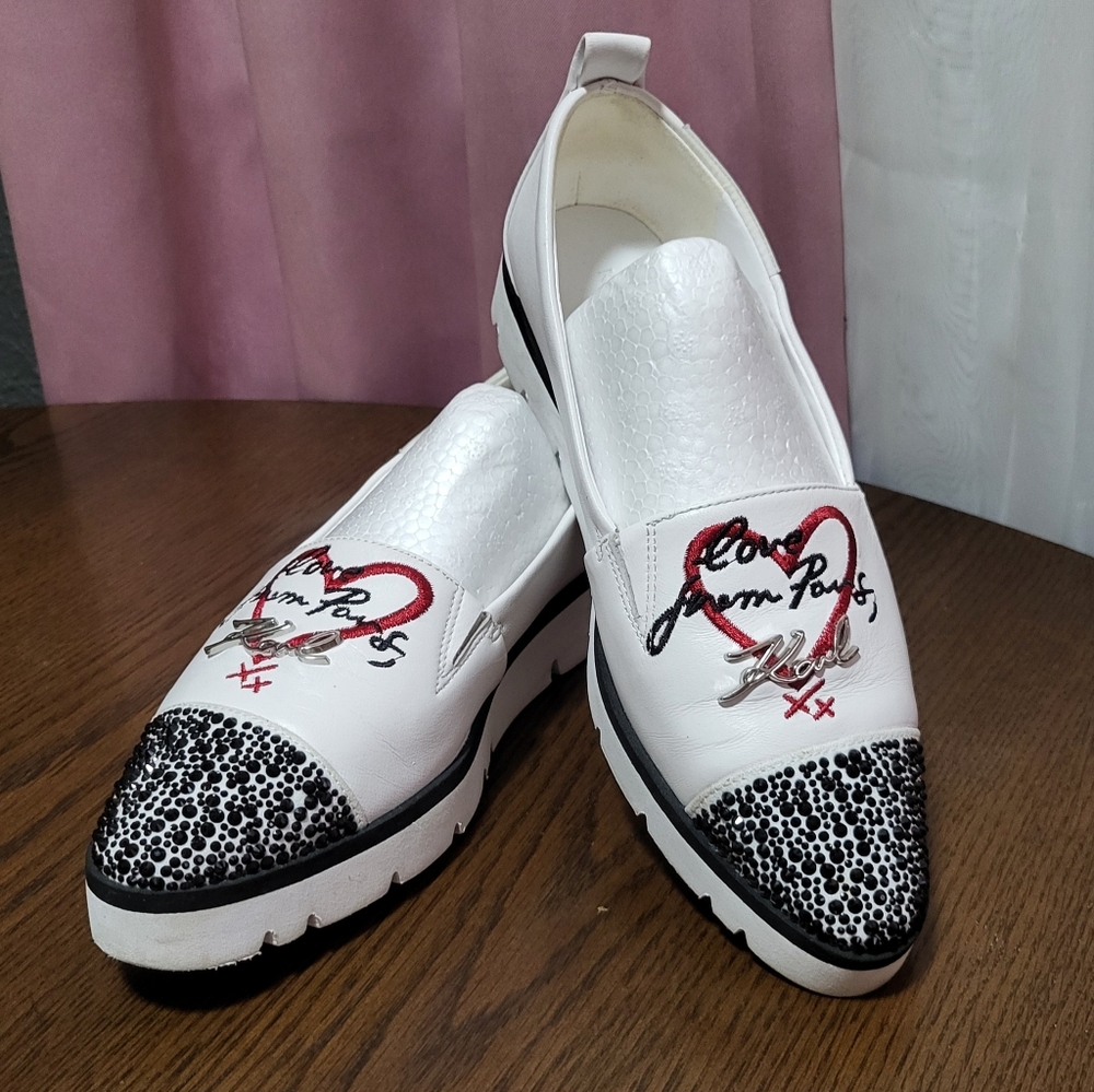 Karl Lagerfeld White/Red/Black EMBELLISHED Leather Platform Sneaker Slip-on sz6